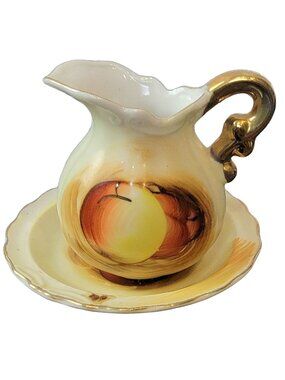 Vintage 60s Cream Pitcher & Bowl Set Peach Gold Fruit Japan Porcelain Home mcm